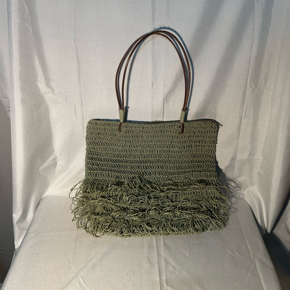 April Cornell Prille 100% Straw Tote Bag Purse Woven Sage Boho Beach